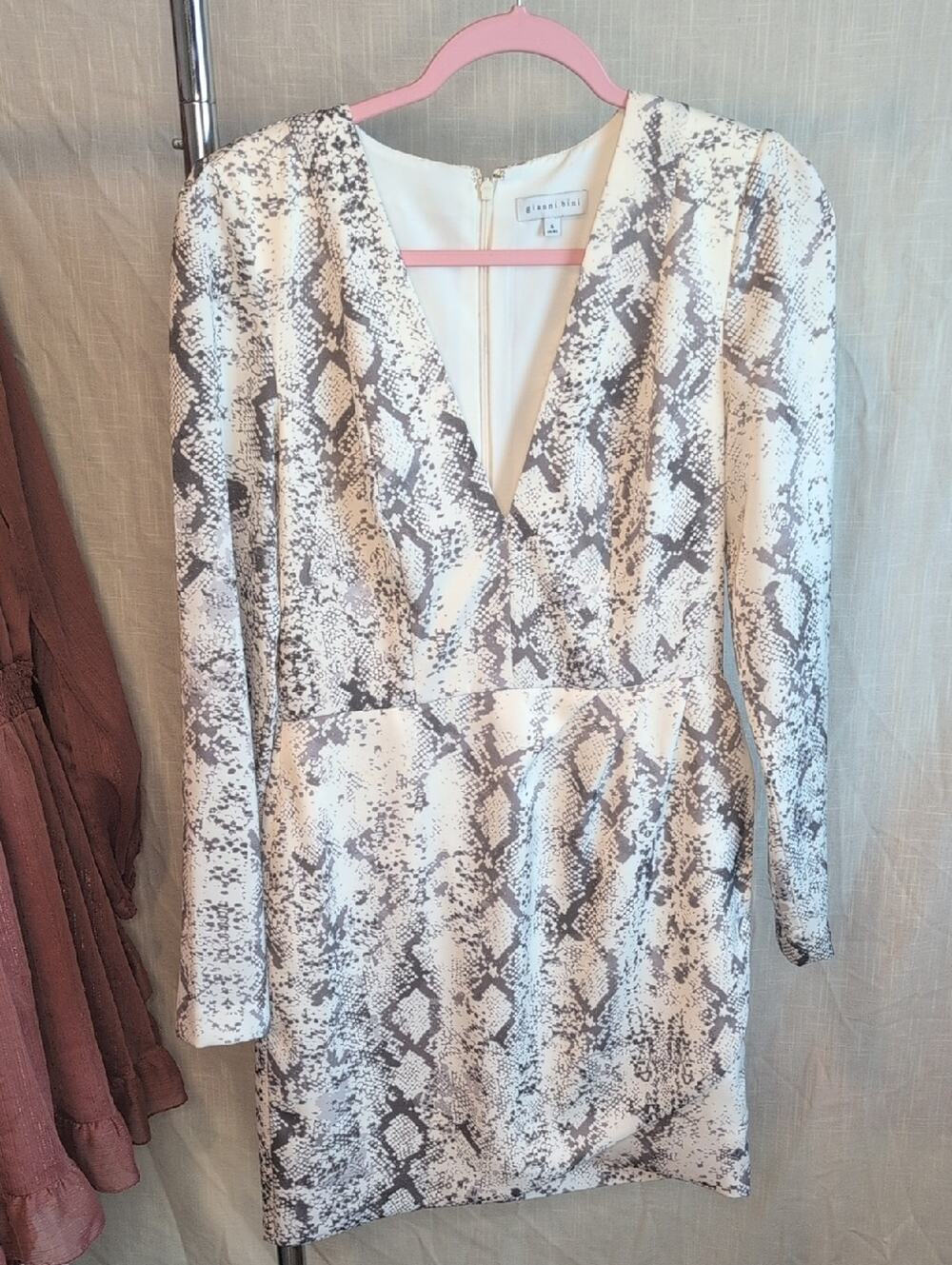 White and Gray Snake-Print Long Sleeve V-Neck Dress